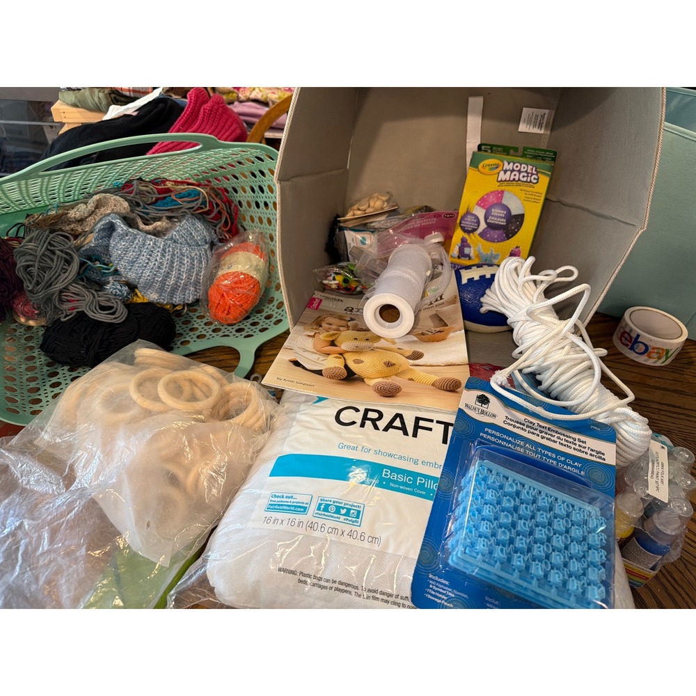 Mixed Arts and Crafts Supply Lot Yarn Clay Tools Paint Pillow Form Wood Rings